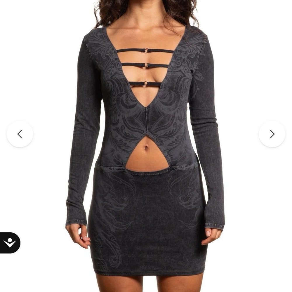 NWOT Affliction Clothing Scale LS Mineral Black Grunge V Front Mini Dress Sz XL